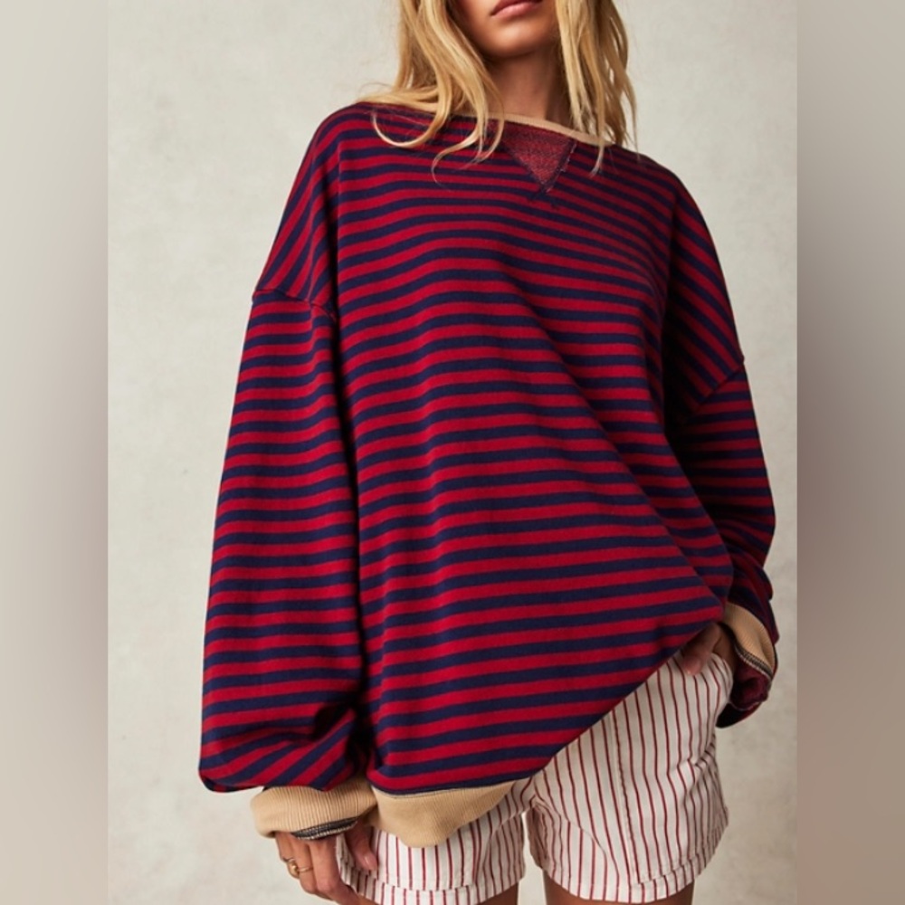 Free People Navy and Red Striped Oversized Crewneck Sweater